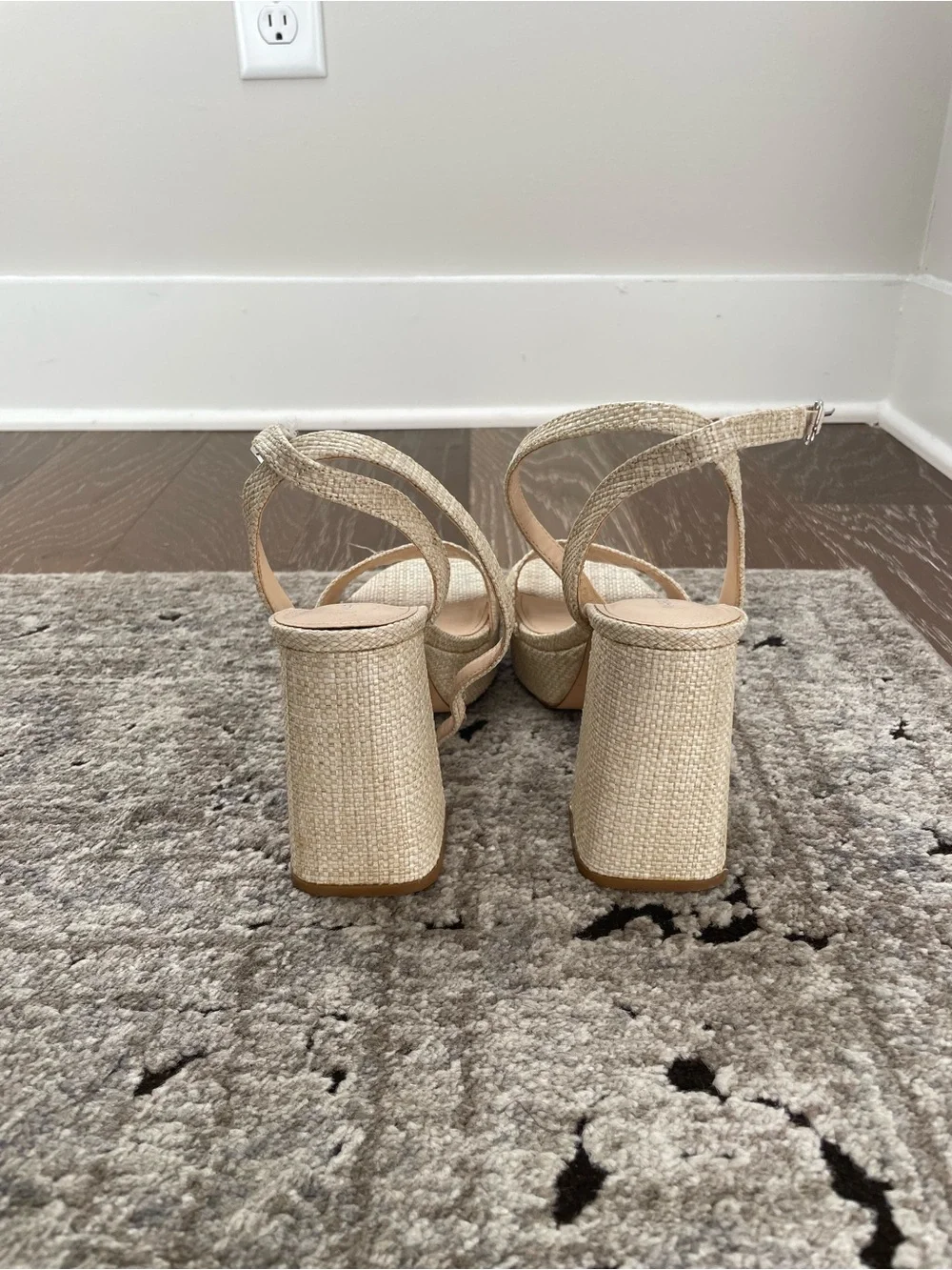 Marc Fisher Beige Raffia Platform Block Heel Sandals